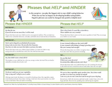 Phrases that HELP and HINDER As the caregiver, you play the biggest role in your child’s eating behavior. What you say has an impact on developing healthy eating habits. Negative phrases can easily be changed into posi