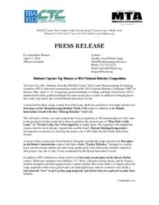 TBAISD Career-Tech Center ∙ 880 Parsons Road, Traverse City, [removed]Phone[removed]Fax[removed] ∙ www.tbactc.org PRESS RELEASE For Immediate Release April 17, 2014