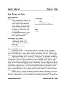 Solar Matters I  Teacher Page Solar Energy and Color Student Objective