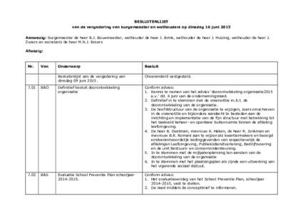 BESLUITENLIJST van de vergadering van burgemeester en wethouders op dinsdag 16 juni 2015 Aanwezig: burgemeester de heer B.J. Bouwmeester, wethouder de heer J. Brink, wethouder de heer J. Huizing, wethouder de heer J. Zwi