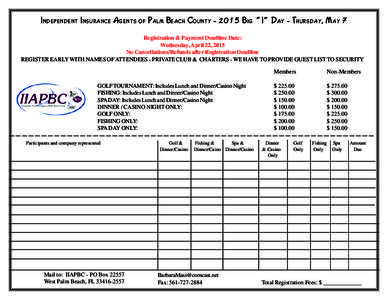 Independent Insurance Agents of Palm Beach CountyBig “ I” Day - Thursday, May 7 Registration & Payment Deadline Date: Wednesday, April 22, 2015 No Cancellations/Refunds after Registration Deadline REGISTER EA