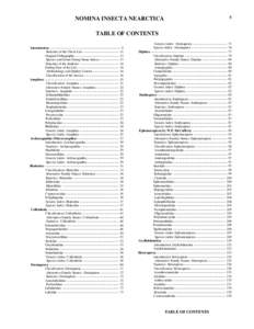 5  NOMINA INSECTA NEARCTICA TABLE OF CONTENTS Introduction ----------------------------------------------------------------- 9 Structure of the Check List --------------------------------- 11
