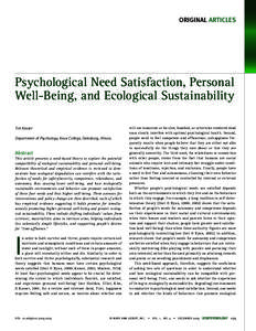 ORIGINAL ARTICLES  Psychological Need Satisfaction, Personal Well-Being, and Ecological Sustainability Tim Kasser Department of Psychology, Knox College, Galesburg, Illinois.