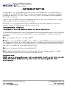 U.S. Department of Commerce National Technical Information Service Alexandria, VA[removed]IMPORTANT NOTICE On November 1, 2011, the Social Security Administration (SSA) implemented an important change in