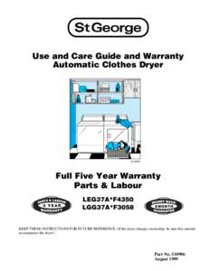 Use and Care Guide and Warranty Automatic Clothes Dryer D310IE3B  Full Five Year Warranty