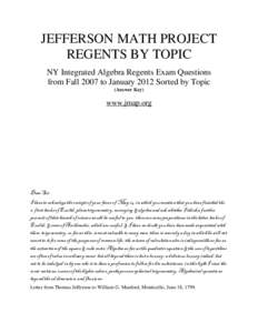 JEFFERSON MATH PROJECT REGENTS BY TOPIC NY Integrated Algebra Regents Exam Questions from Fall 2007 to January 2012 Sorted by Topic (Answer Key)