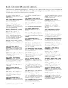 Past Honorary Degree Recipients The first honorary degree was conferred in[removed]Following is a list of those receiving honorary degrees, starting with the year they received the degree, followed by their name and the ho