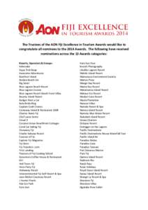 The Trustees of the AON Fiji Excellence in Tourism Awards would like to congratulate all nominees to the 2014 Awards. The following have received nominations across the 13 Awards categories: Resorts, Operators & Groups: 