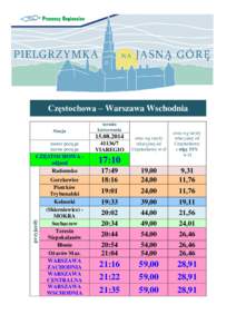 Częstochowa – Warszawa Wschodnia Stacja termin kursowania cena wg taryfy