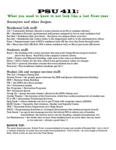 PSU 411: What you need to know to not look like a lost first-year Acronyms and other Jargon: Residential Life stuff: CA = Community Advisor (known at some schools as an RA or resident advisor) RD = Residence Director (pr