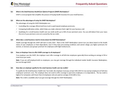 Frequently Asked Questions Q1: What is the Small Business HealthCare Options Program (SHOP) Marketplace? SHOP is a new program that simplifies the process of buying health insurance for your small business.