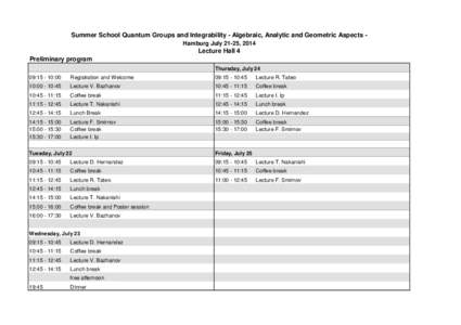 Summer School Quantum Groups and Integrability - Algebraic, Analytic and Geometric Aspects Hamburg July 21-25, 2014  Lecture Hall 4 Preliminary program Thursday, July 24 09::00