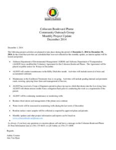    Coliseum Boulevard Plume Community Outreach Group Monthly Project Update December 2014