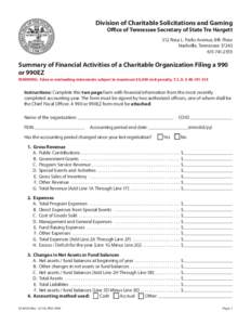 Division of Charitable Solicitations and Gaming Office of Tennessee Secretary of State Tre Hargett 312 Rosa L. Parks Avenue, 8th Floor Nashville, Tennessee[removed]2555