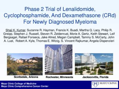 Phase 2 Trial of Lenalidomide, Cyclophosphamide, And Dexamethasone (CRd) For Newly Diagnosed Myeloma Shaji K. Kumar, Suzanne R. Hayman, Francis K. Buadi, Martha Q. Lacy, Philip R. Greipp, Stephen J. Russell, Steven R. Ze