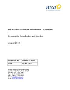 Pricing of Leased Lines and Ethernet Connections  Response to Consultation and Decision August 2013