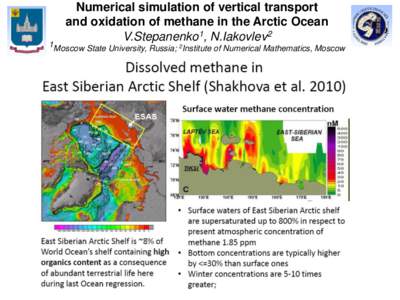 Numerical simulation of vertical transport and oxidation of methane in the Arctic Ocean V.Stepanenko1, N.Iakovlev2 1Moscow State University, Russia; 2Institute of Numerical Mathematics, Moscow