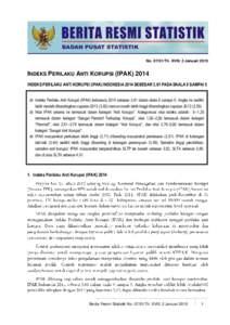 No[removed]Th. XVIII, 2 Januari[removed]INDEKS PERILAKU ANTI KORUPSI (IPAK[removed]INDEKS PERILAKU ANTI KORUPSI (IPAK) INDONESIA 2014 SEBESAR 3,61 PADA SKALA 0 SAMPAI 5 Indeks Perilaku Anti Korupsi (IPAK) Indonesia 2014 sebes