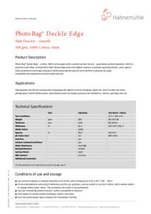 Digital FineArt Collection  Photo Rag® Deckle Edge Matt FineArt – smooth 308 gsm, 100% Cotton, white Product Description