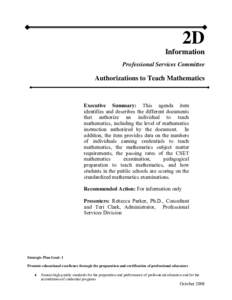 2D Information Professional Services Committee Authorizations to Teach Mathematics