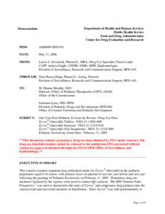 Department of Health and Human Services Public Health Service Food and Drug Administration Center for Drug Evaluation and Research  Memorandum