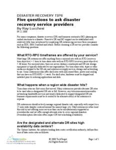 DISASTER RECOVERY TIPS  Five questions to ask disaster recovery service providers By Ray Lucchesi[removed]