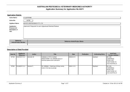 AUSTRALIAN PESTICIDES & VETERINARY MEDICINES AUTHORITY Application Summary for Application No[removed]Application Details: Active Name: