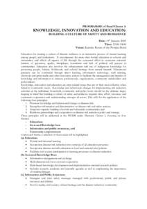 Disaster preparedness / Humanitarian aid / Development / Disaster risk reduction / Disaster / Psychological resilience / Community education / Knowledge management / Informal learning / Public safety / Management / Emergency management