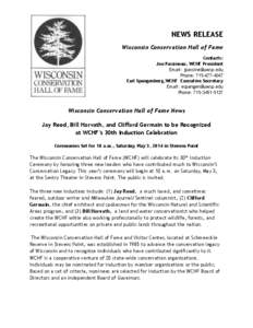 NEWS RELEASE Wisconsin Conservation Hall of Fame ! !