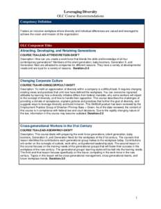 Leveraging Diversity OLC Course Recommendations Competency Definition Fosters an inclusive workplace where diversity and individual differences are valued and leveraged to achieve the vision and mission of the organizati