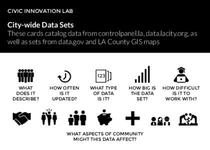 CIVIC INNOVATION LAB  City-wide Data Sets These cards catalog data from controlpanel.la, data.lacity.org, as well as sets from data.gov and LA County GIS maps