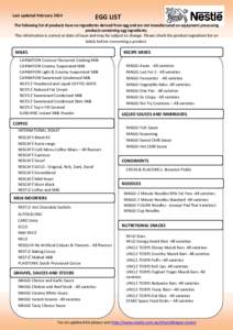 Last updated February[removed]EGG LIST The following list of products have no ingredients derived from egg and are not manufactured on equipment processing products containing egg ingredients.