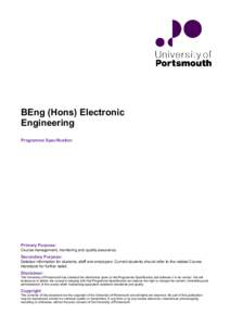 BEng (Hons) Electronic Engineering Programme Specification Primary Purpose: Course management, monitoring and quality assurance.