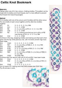 Celtic Knot Bookmark Materials: Tatting cotton size 40 in two colours, 4 tatting shuttles. This pattern can be made with 2 shuttles and 2 ball threads, but it is more difficult to prevent the threads from becoming tangle