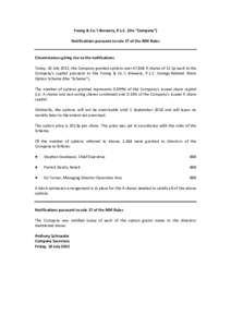 Young & Co.’s Brewery, P.L.C. (the “Company”) Notifications pursuant to rule 17 of the AIM Rules Circumstances giving rise to the notifications Today, 10 July 2015, the Company granted options over 47,864 A shares 