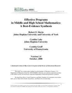 Effective Programs in Middle and High School Mathematics: A Best-Evidence Synthesis