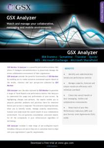 GSX Analyzer IBM Domino - Sametime - Traveler – Quickr BES - Microsoft Exchange - Microsoft SharePoint GSX Monitor & Analyzer is a powerful and intuitive solution that  BENEFITS