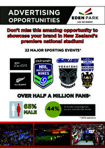 ADVERTISING OPPORTUNITIES Don’t miss this amazing opportunity to showcase your brand in New Zealand’s premiere national stadium!
