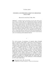 YURI BALASHOV  ENDURING AND PERDURING OBJECTS IN MINKOWSKI SPACE-TIME∗ (Received in revised form 25 May[removed]ABSTRACT. I examine the issue of persistence over time in the context of the