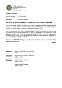 the sandf  MEDIA ADVISORY Date of release:  22 March 2016