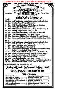 **Updated version as of[removed]see also calendar listings on p. 8** Folk Music Society of New York, Inc. April[removed]vol 47, No.4