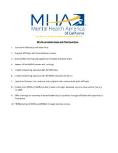 Also Known as the Mental Health Association in CaliforniaAssociation Goals and Priority Actions 1. State level advocacy and leadership. 2. Support Affiliates with local advocacy issues. 3. Stakeholder training and