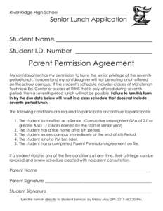 River Ridge High School  Senior Lunch Application Student Name ______________________________ Student I.D. Number ________________________
