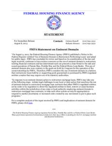 FHFA Statement on Eminent Domain