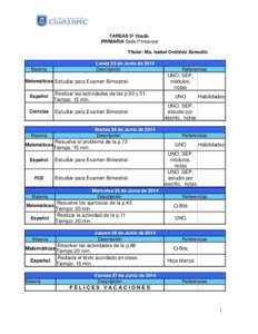 TAREAS 5º Grado PRIMARIA Sede Primavera Titular: Ma. Isabel Ordóñez Zamudio Lunes 23 de Junio de 2014 Descripción