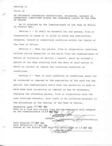 ARTICLE IV . Title 34 AN ORDINANCE CONCERNING OBSTRUCTIONS, NUISANCES, HAZARDS OR UNSANITARY CONDITIONS WITHIN THE CORPORATE LIMITS OF THE TOWN OF FELTON Be It Ordained by the Commissioners of the Town of Felton