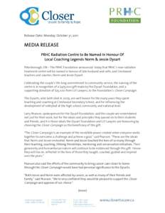 Release Date: Monday, October 31, 2011  MEDIA RELEASE