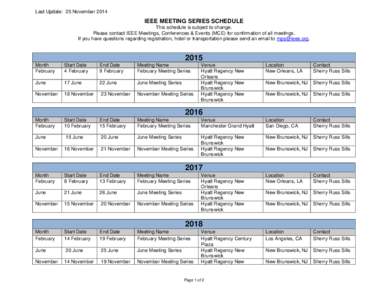 Last Update: 25 November[removed]IEEE MEETING SERIES SCHEDULE This schedule is subject to change. Please contact IEEE Meetings, Conferences & Events (MCE) for confirmation of all meetings. If you have questions regarding r