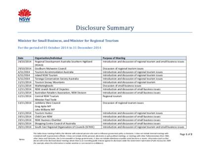 Disclosure Summary Minister for Small Business, and Minister for Regional Tourism For the period of 01 October 2014 to 31 December 2014 Date[removed]/2014