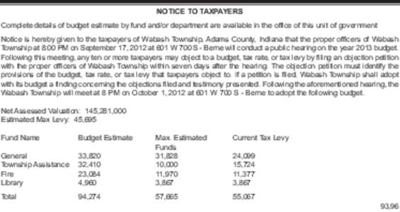 NOTICE TO TAXPAYERS Complete details of budget estimate by fund and/or department are available in the office of this unit of government Notice is hereby given to the taxpayers of Wabash Township, Adams County, Indiana t